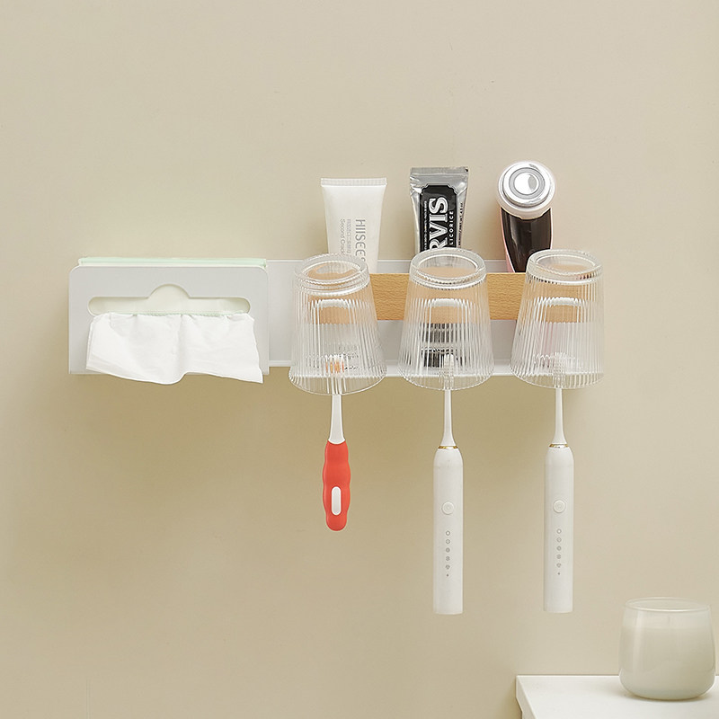 Log Wind Solid Wood Electric Toothbrush Rack Free to punch a four-mouth dental cup shell-toilet toilet wall-mounted-Taobao