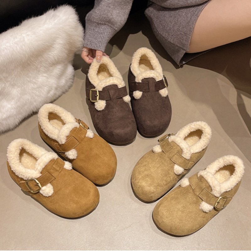 Retro Thick-Soled Velvet Birkenstock Shoes for Women, Winter 2025 New Style Warm Snow Boots, Slip-On Woolen Cotton Shoes, Size 34
