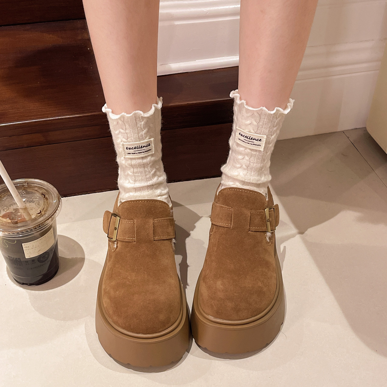 Platform Thick-Soled Height-Increasing Plush Birkenstock Shoes for Women, 2025 Autumn and Winter New Slip-On Loafers, Birkenstock Cotton Shoes, Size 34