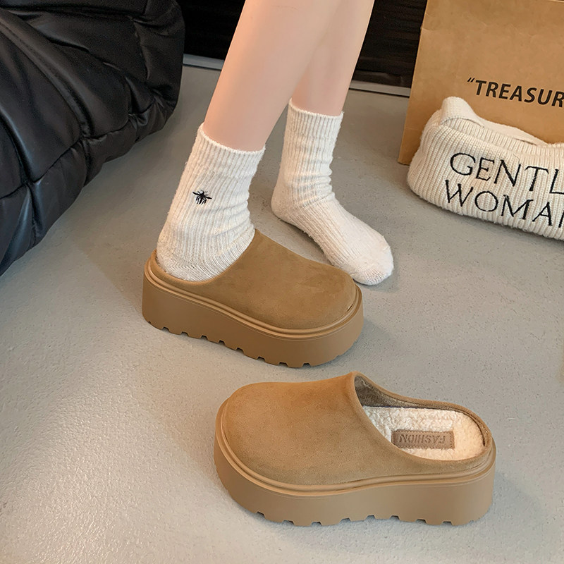 Thick-Soled Height-Increasing Birkenstock Shoes with Fleece Lining, Closed-Toe Slip-On Slippers for Women, 2025 New Autumn and Winter Model, Slip-On Birkenstock Cotton Shoes
