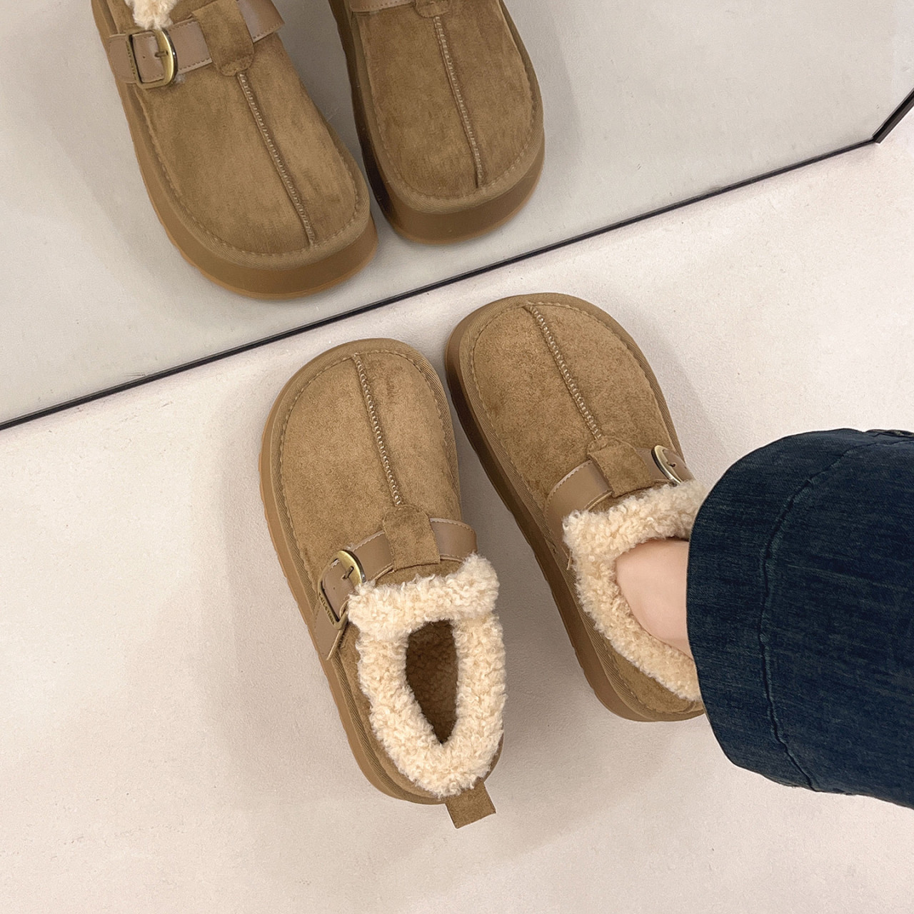 Thick-Soled Height-Increasing Plush Birkenstock-Style Women's Shoes 2025 New Winter Slip-On Warm Furry Snow Boots Cotton Shoes Size 34