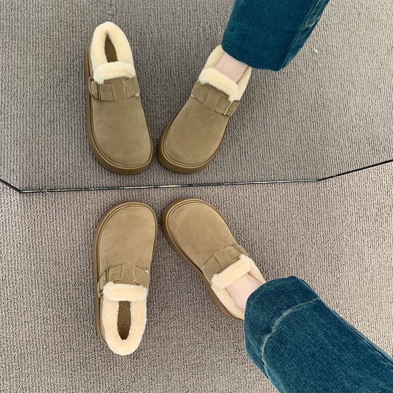 Thick-Soled Fleece-Lined Birkenstock-Style Snow Boots for Women, 2025 New Autumn and Winter Outdoor Furry Shoes, Warm Loafers, Cotton Shoes