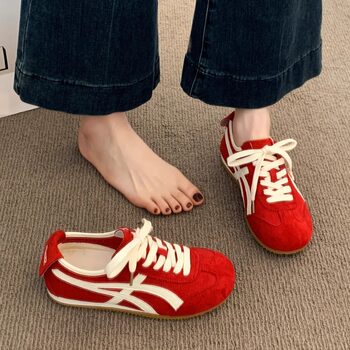 White Deer Same Style Genuine Leather Red Moral Training Shoes for Women 2025 New Popular Super Hot Fashion Casual Sneakers