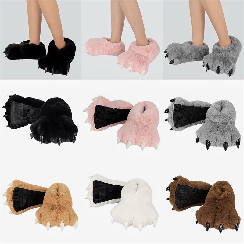 Cute Plush Cartoon Autumn and Winter Bear Paw Cotton Slippers for Men and Women, Couples' Home Warm Cotton Shoes, Idol Style