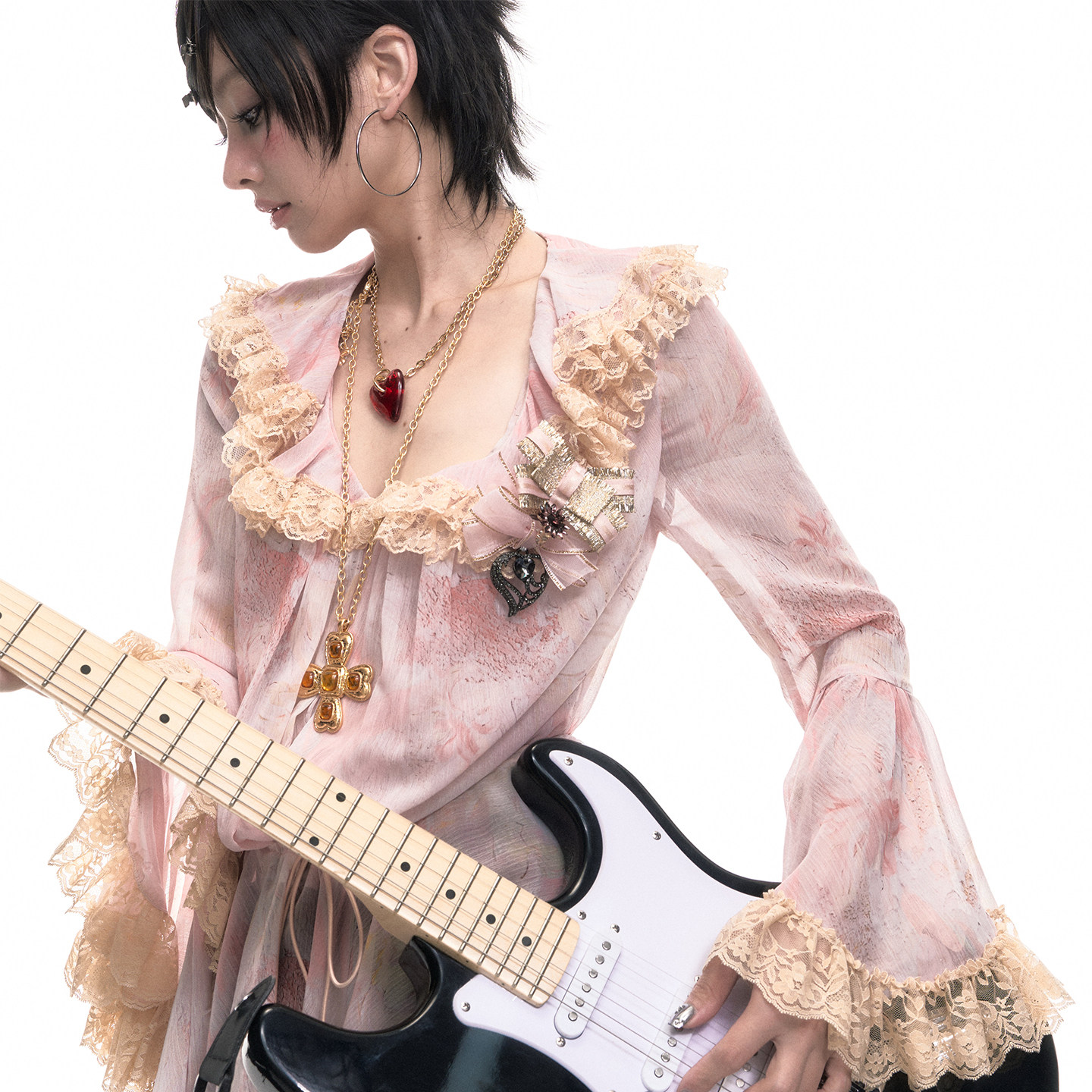 Оригинальный шифоновый топ с V-образным вырезом и кружевом с принтом розового и оранжевого цветов Taoyuan/Fengqiuxia, оригинальный топ с длинными рукавами и принтом розового и оранжевого цветов