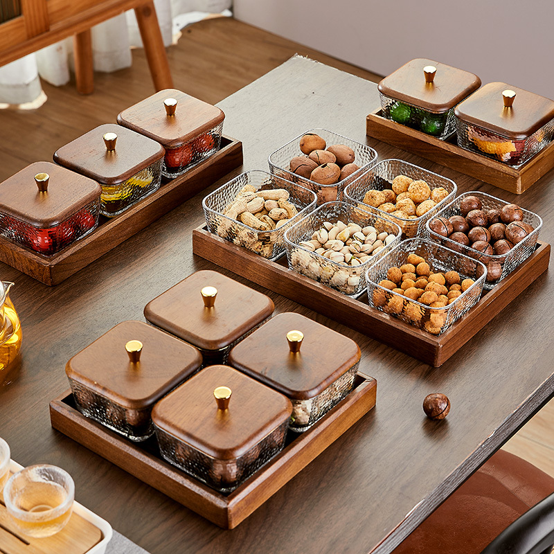 Fruit Plate for Living Room, Household Snack Plate, Walnut Wood, Light Luxury, High-End Glass Coffee Table, Refreshments, Candies, Nuts, Dried Fruit Plate