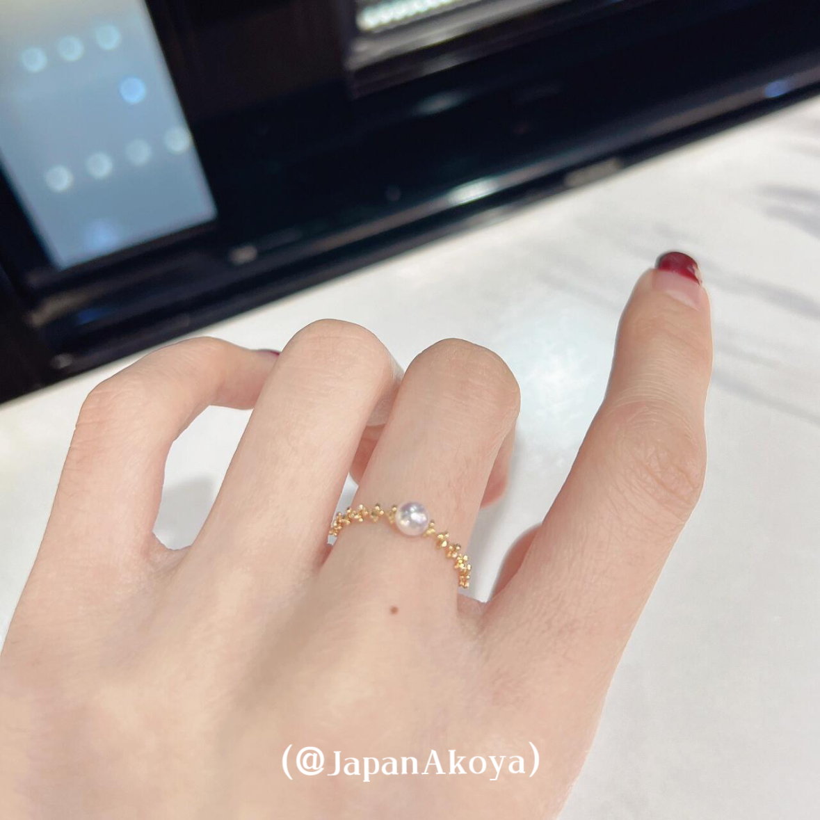 Akoya海水珍珠蕾丝戒指:18K金可调节仙女手圈,正圆极光,百搭神器!