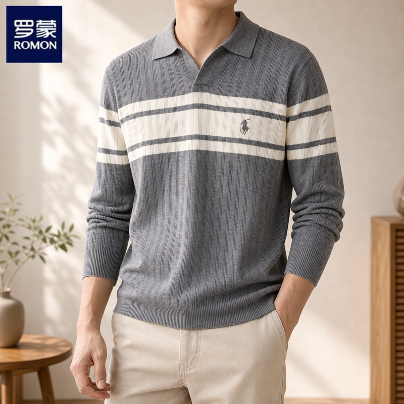 Romon 2026 Autumn New Men's Knitted Long-Sleeve Polo Collar Shirt Striped Versatile Casual Trendy Top Romon 2026 Autumn New Men's Knitted Long-Sleeve Polo Collar Shirt Striped Versatile Casual Trendy Top