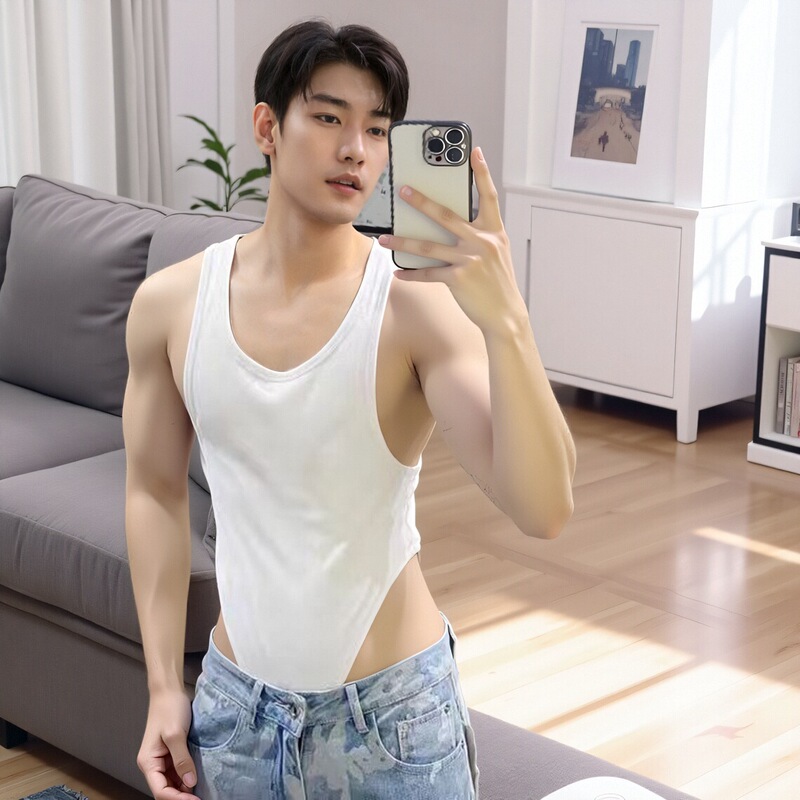 Men's Sexy Underwear, Revealing Thong, One-Piece Shapewear, Breathable Sports Vest for Athletes, Trendy