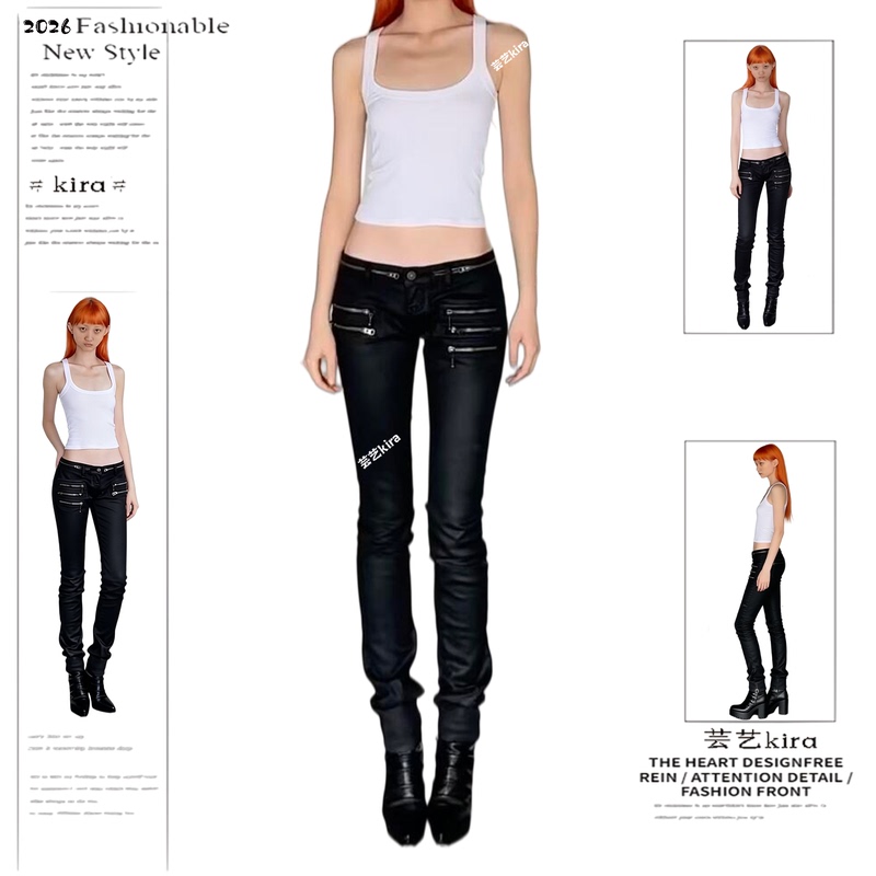 European and American Street Style Black Skinny Zipper Coated Jeans for Women with Heavy Craftsmanship, Slim Fit and Flattering Long Pants