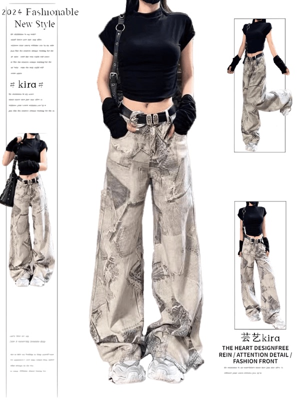 American Vibe Personalized Printed Jeans for Women, New Summer Style, Retro High Street Design, Casual Loose Floor-Length Pants