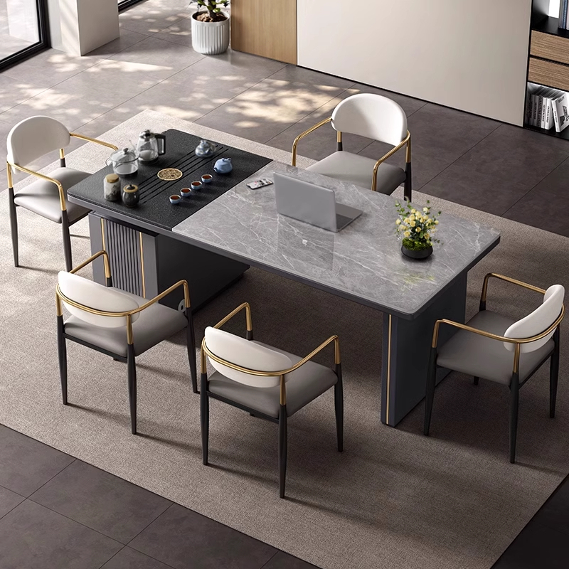 Light Luxury Modern Office Tea Table, Integrated Office Slate Tea Table and Chair Set, Dual-Purpose Desk with Tea Table