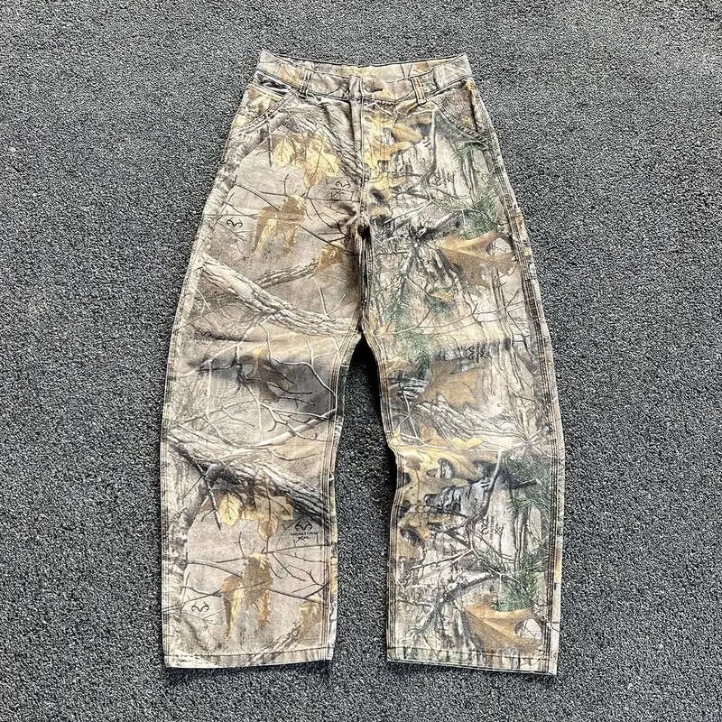 175cm Kaha Summer Washed Camouflage Pants with Tree Branch Design, American-Style Vintage Wide-Leg Loose Straight Jeans for Men