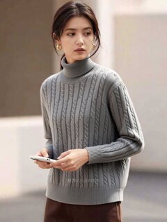 2025 new winter women's korean style simple style braided pattern turtleneck pullover sweater casual and versatile sweater