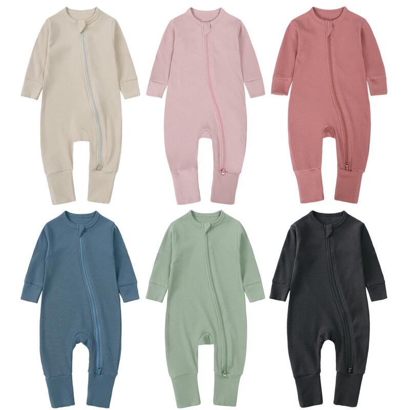 Baby Jumpsuit with Ribbed Texture for Spring, Autumn, and Winter, Long-Sleeved, Double Zipper, Covers Hands and Feet, Bamboo Fiber Baby Pajamas