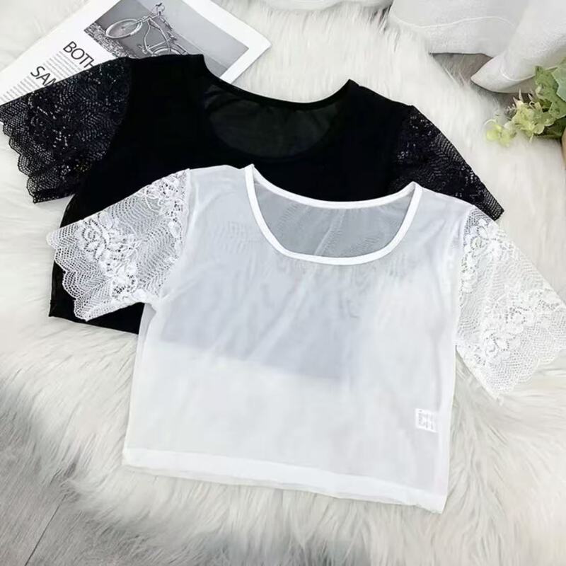 Mesh Short-Sleeve T-Shirt for Women, Sexy Crop Top, Lace Half-Shirt, Black Tight-Fitting Undershirt, Thin Top