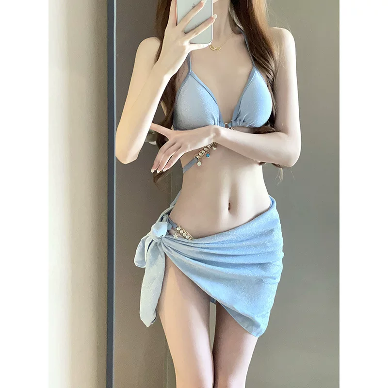 Женский купальник (Sexy Belt) европейский стиль, азурный, 2- или 3‑предметный с декоративным поясом