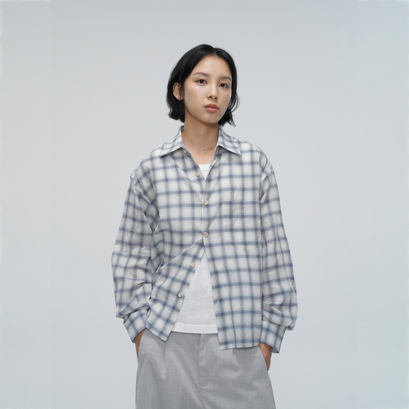 Awt 26Ss [Lightweight Sheer] 75g Strong Twist Yarn Lightweight Plaid Sunshade Lapel Unisex Shirt for Men and Women