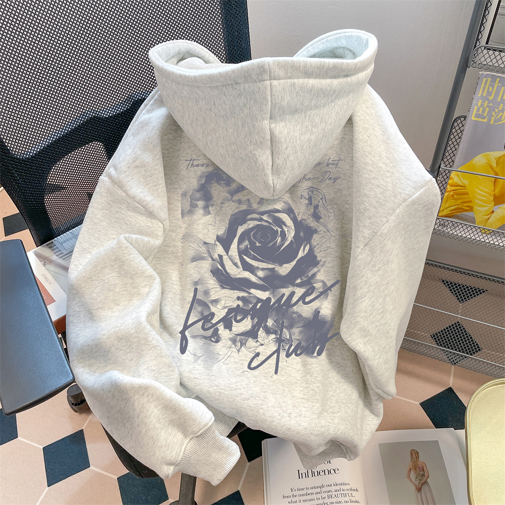 ファッションブランドアメリカンスタイルの超美しいローズレターフード付きスウェットシャツ、女の子中学生秋冬ゆったりゆったり感プラスベルベットジャケット