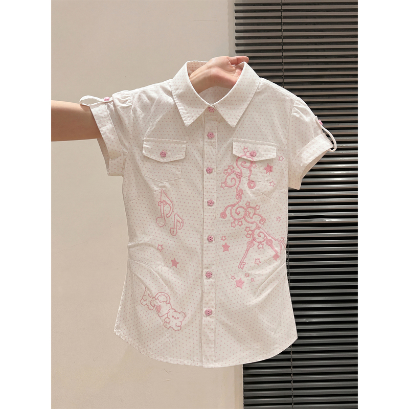 Japanese-Style College Wave Pattern Musical Note Cartoon Embroidered Shirt for Women, Summer 2026, Super Popular, Age-Reducing, Waist-Cinching Short-Sleeved Top