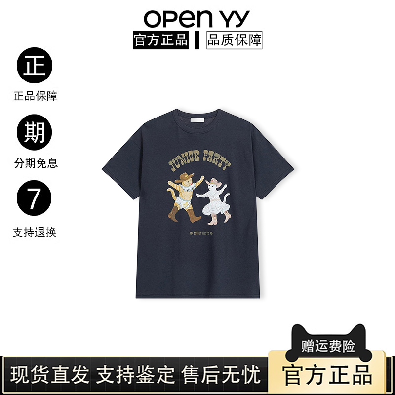 Korean Authentic Open Yy Pet Club Cat Party Short-Sleeved T-Shirt for Women, Korean Style Loose Mid-Length Top