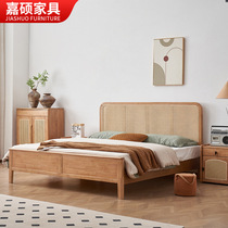Wabiji wind rattan solid wood bed small apartment home master bedroom 1 5 meters 1 8 double bed B&B hotel log wind bed