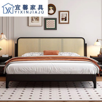 Black rattan solid wood bed 1 5 meters 1 8 meters master bedroom simple double bed Jifeng Mingsu bed one piece drop shipping