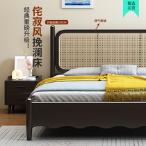 Rattan bed black solid wood bed Nordic retro 1 5m1 8m single double bed small apartment bedroom B&B big bed