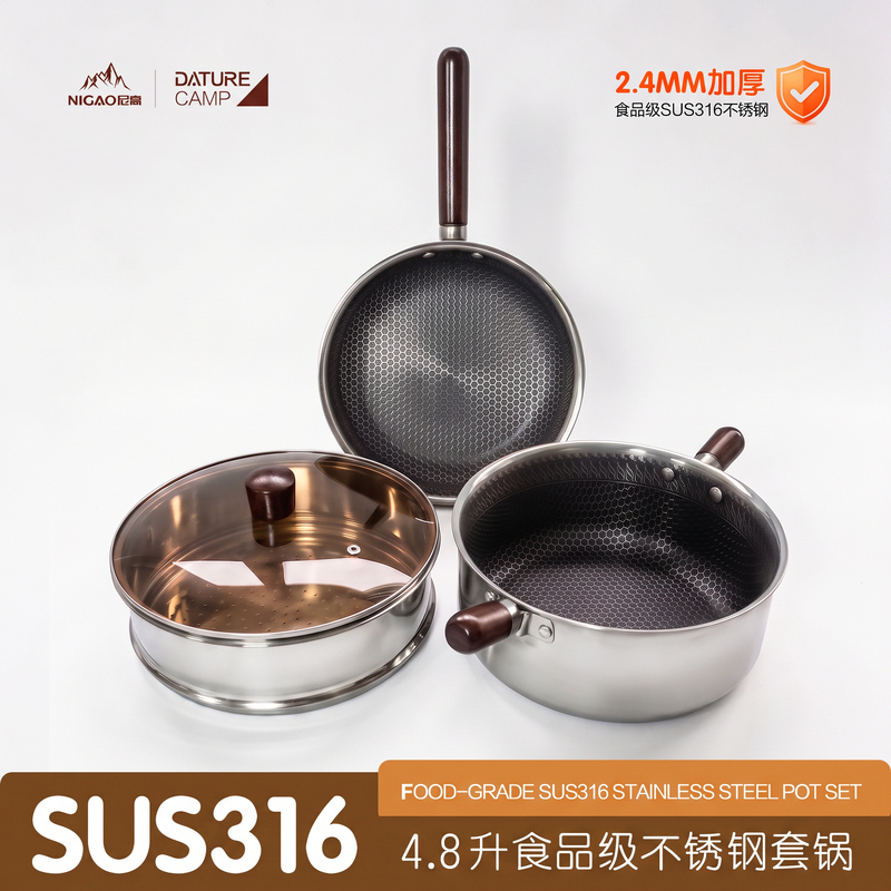 Outdoor 316 Stainless Steel Pot Set, Three-Layer Steel Camping Cookware Set, 4.8L Large Capacity, Special Equipment for Outdoor Cooking