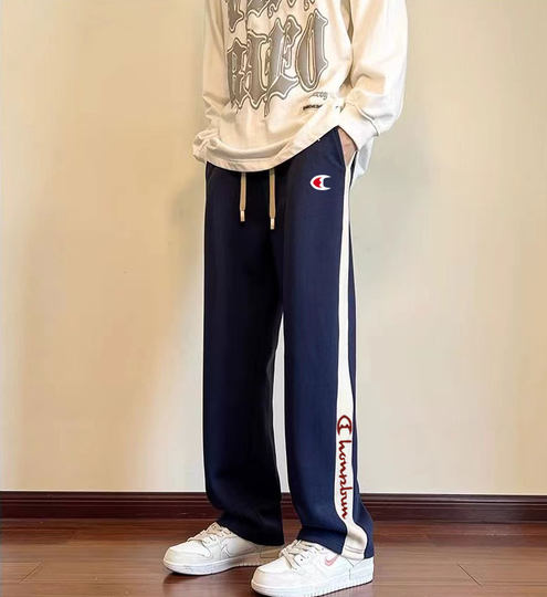 Selling Cute Championship Pure Cotton Casual Sweatpants Wide-Leg Pants for Women in Autumn and Winter Loose Color-Blocked Loose High-Waisted Velvet Sweatpants Pants