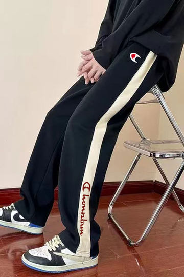 Selling Cute Championship Pure Cotton Casual Sweatpants Wide-Leg Pants for Women in Autumn and Winter Loose Color-Blocked Loose High-Waisted Velvet Sweatpants Pants