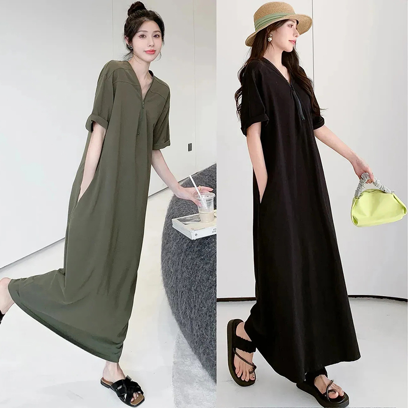 Extra Large Size 150kg Long Short-Sleeved V Neck Patchwork T-Shirt Dress for Summer, Fat Mm, Stylish, Loose, Casual, Slimming Look Long Skirt
