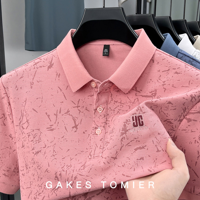 Gakestomier Short-Sleeved Polo Shirt for Men Pink Summer Long-Staple Cotton Fashion Casual High-End Printed Lapel T-Shirt