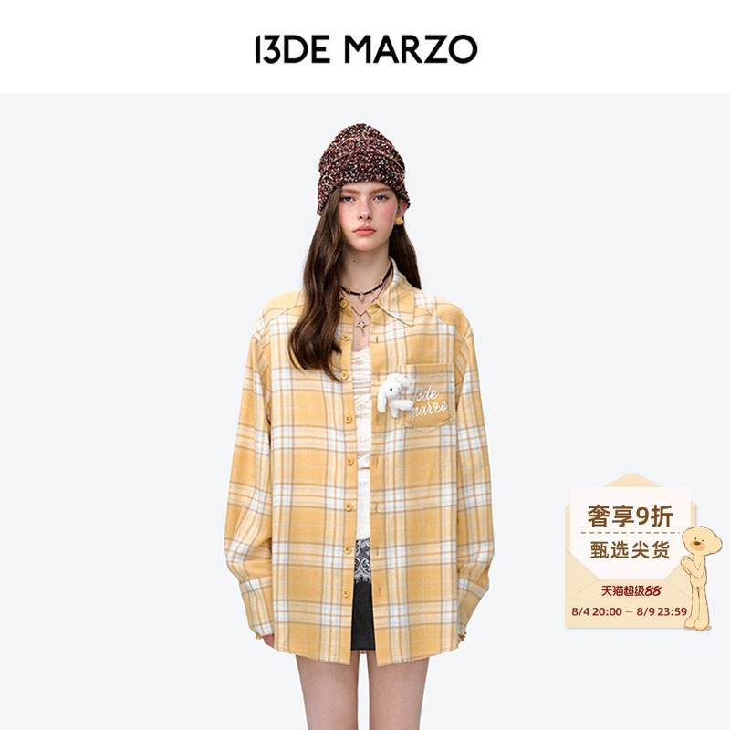 [Celebrity Style] 13De Marzo Pocket Companion Plaid Shirt Mid-Length Turn-Down Collar Casual Long-Sleeve Jacket