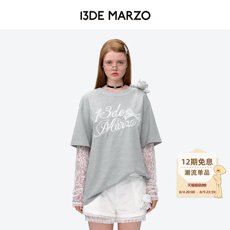 13De Marzo Women's Lace Bear Fake Two-Piece Long Sleeve Casual Sweet Fashion Top Round Neck T-Shirt