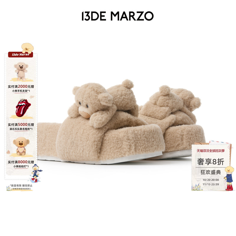 13De Marzo Women's Bear Plush Flip-Flops Casual Cute Plush Thick-Soled Height-Increasing Slippers
