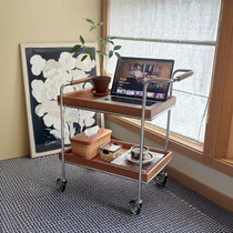 Second-hand mobile solid wood tea side table ins style stainless steel internet celebrity trolley living room storage rack storage dining table trolley