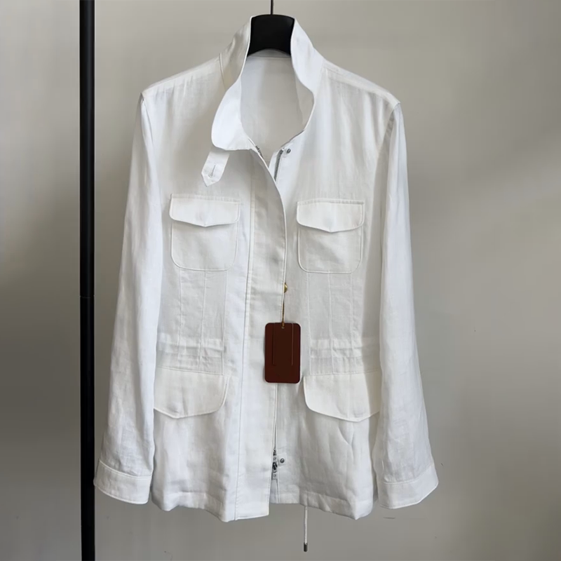 Divinely Stylish Outfit! Classic Four-Pocket Linen Breathable Zip-Up Waist-Cinching Jacket, White Workwear Sun-Protective Shirt for Spring and Summer
