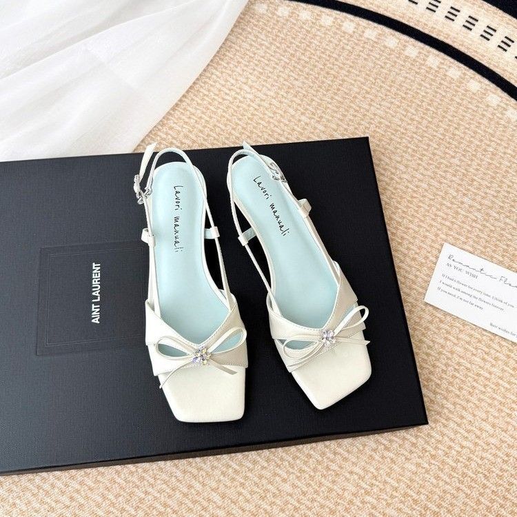 French-Style Gentle Bow-Knot Open-Toe High-Heeled Sandals for Women, New Summer Model with Backless Strap and Square Toe Fairy High Heels French-Style Gentle Bow-Knot Open-Toe High-Heeled Sandals for Women, New Summer Model with Backless Strap and Square Toe Fairy High Heels