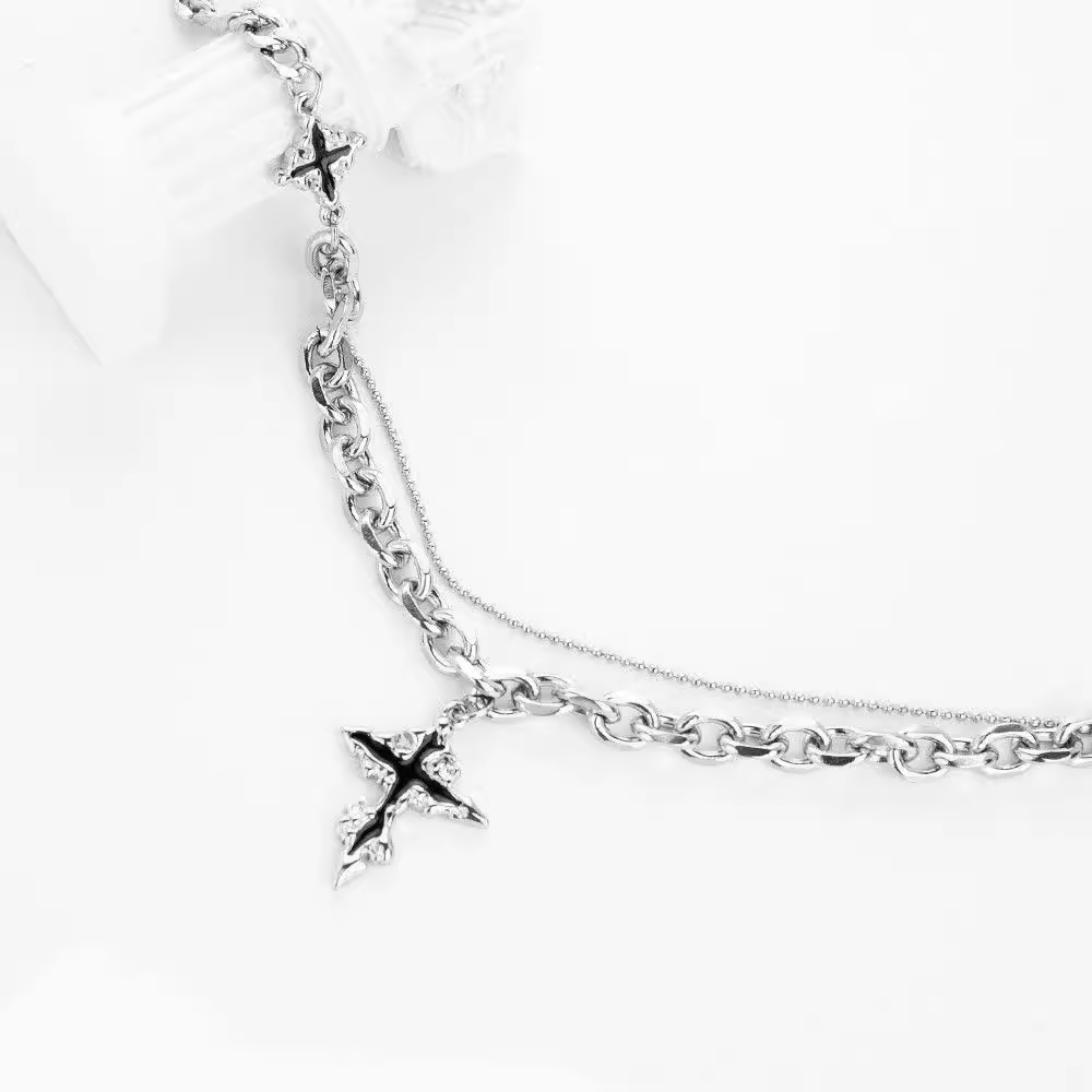 Melted Cross Pendant Necklace for Men, High-End, Cool and Trendy Sweater Chain, Men's Niche Design Clavicle Chain