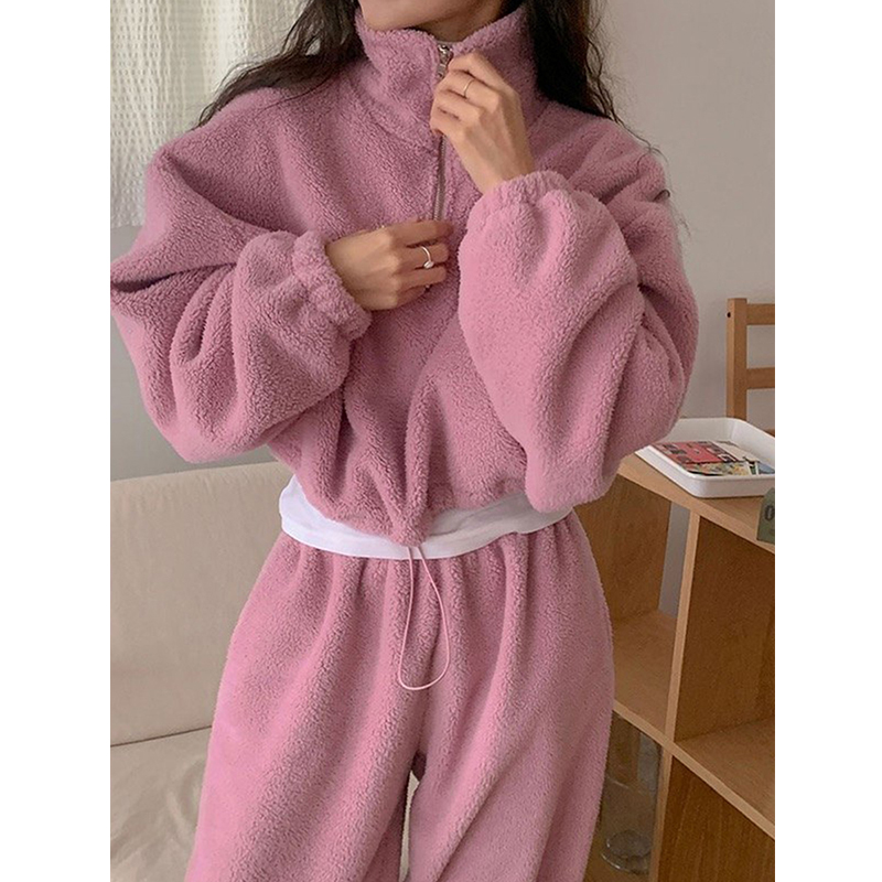 Pink Sheep Lamb Hair Casual Suit Woman 2023 Winter Lazy Wind Standing Collar Plus Suede Jacket Coat Two-piece Jacket-Taobao