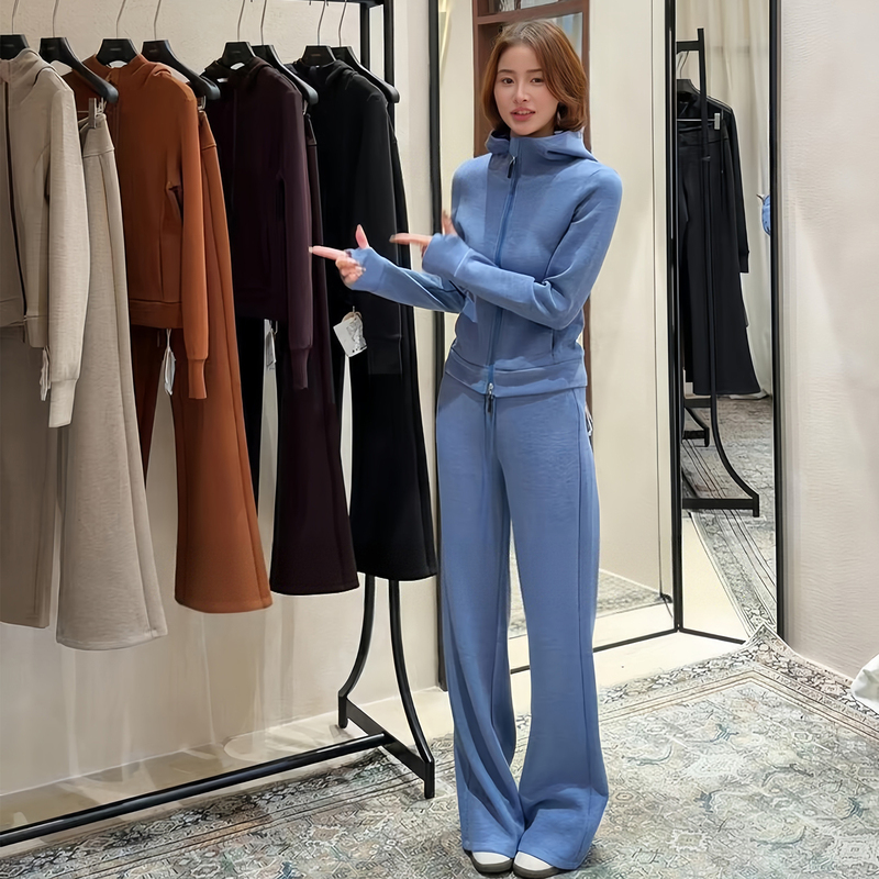 Korean Style High-End Slimming Sweatshirt Set for Women, Autumn 2026, Blue Thickened Hooded Jacket and Wide-Leg Pants Two-Piece Set Korean Style High-End Slimming Sweatshirt Set for Women, Autumn 2026, Blue Thickened Hooded Jacket and Wide-Leg Pants Two-Piece Set