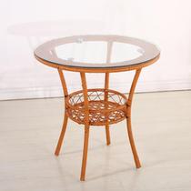 High-end balcony small coffee table living room home round tempered glass rattan mini round table double layer mobile storage