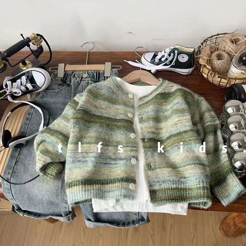 Children's Sweater Stylish Cardigan Korean Children's Clothing Jacket 2024 Spring and Autumn Baby Gradient Knitwear Fashionable Top Trendy
