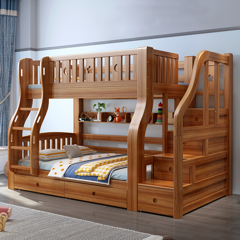 Walnut Wood Bunk Bed for Small Apartments, All Solid Wood, Children's Double Bunk Bed for Siblings, Two-Tiered Bunk Bed for Students Walnut Wood Bunk Bed for Small Apartments, All Solid Wood, Children's Double Bunk Bed for Siblings, Two-Tiered Bunk Bed for Students