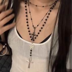 레트로 크로스 펜던트 검은 구슬 목걸이