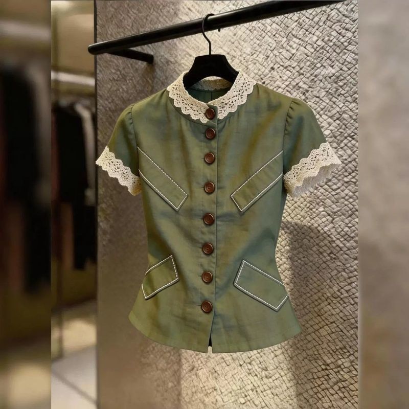 European-Style High-End Vintage Patchwork Lace Trim Single-Breasted Short-Sleeve Shirt for Women, 2026 Summer New Trendy Top