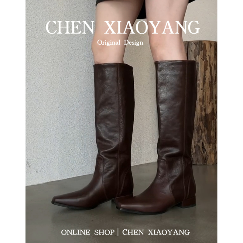 Genuine Leather Retro Slimming High-End Riding Boots for Women, New Square-Toe Brown Over-The-Knee Boots, Versatile Niche High Boots Genuine Leather Retro Slimming High-End Riding Boots for Women, New Square-Toe Brown Over-The-Knee Boots, Versatile Niche High Boots