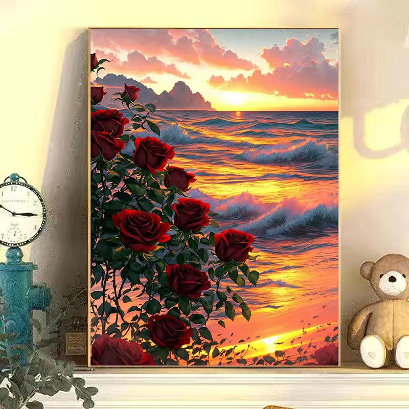 DIY デジタル油絵 バラの花 手描き 癒し 減圧 油絵 リビングルーム 寝室 装飾 絵画
