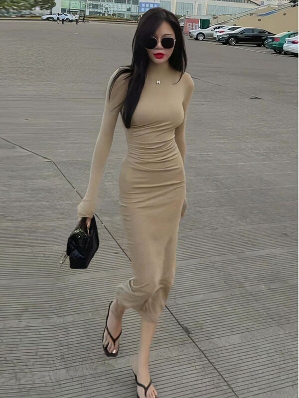 Fashionable and Stylish Hot Girl Half-High Collar Long-Sleeve Dress for Women, Autumn Sexy Tight-Fitting Inner Layer Bodycon Long Skirt